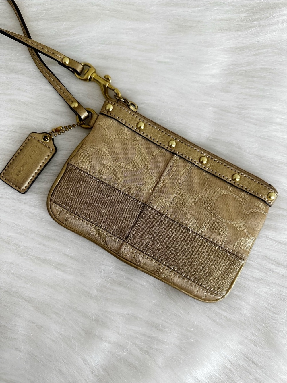 Coach Patchwork Studded Zipper Top Wristlet